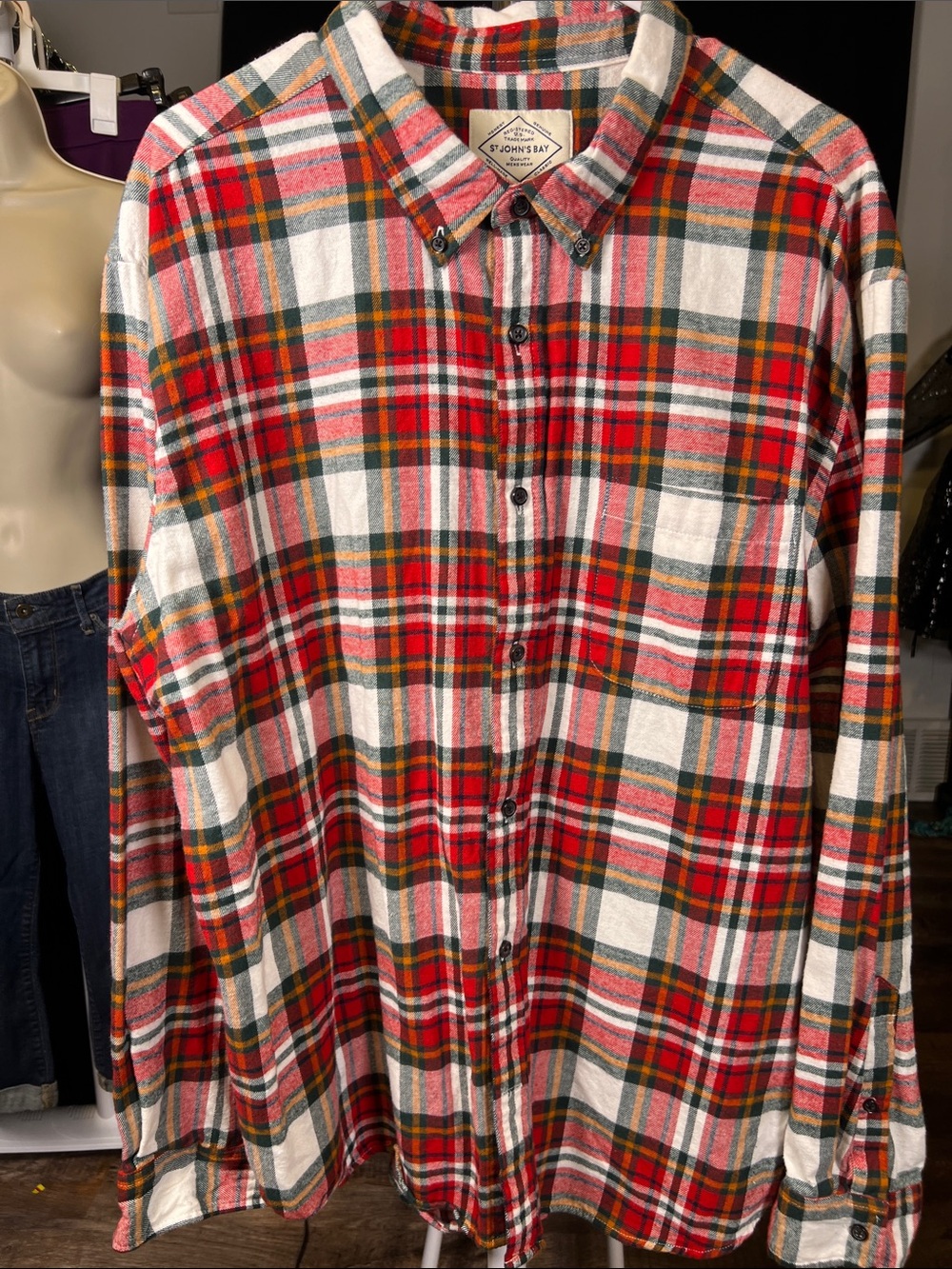 St. John's Bay Men's Red, White & Green Plaid Button-Down Shirt